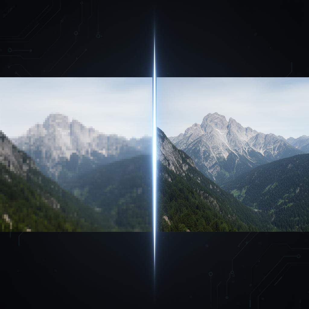 Before and after image super resolution comparison showing enhanced detail